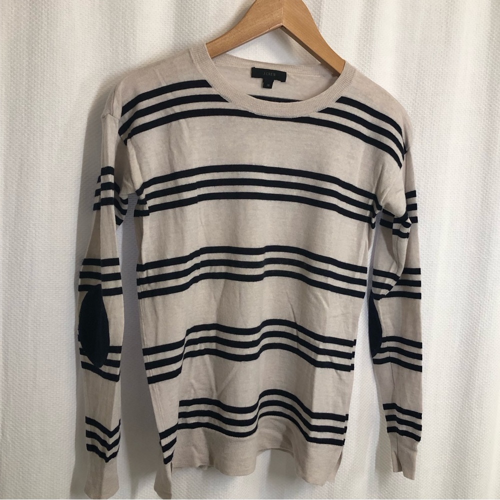 J Crew Xs 100% merino wool striped sweater with elbow patch detail